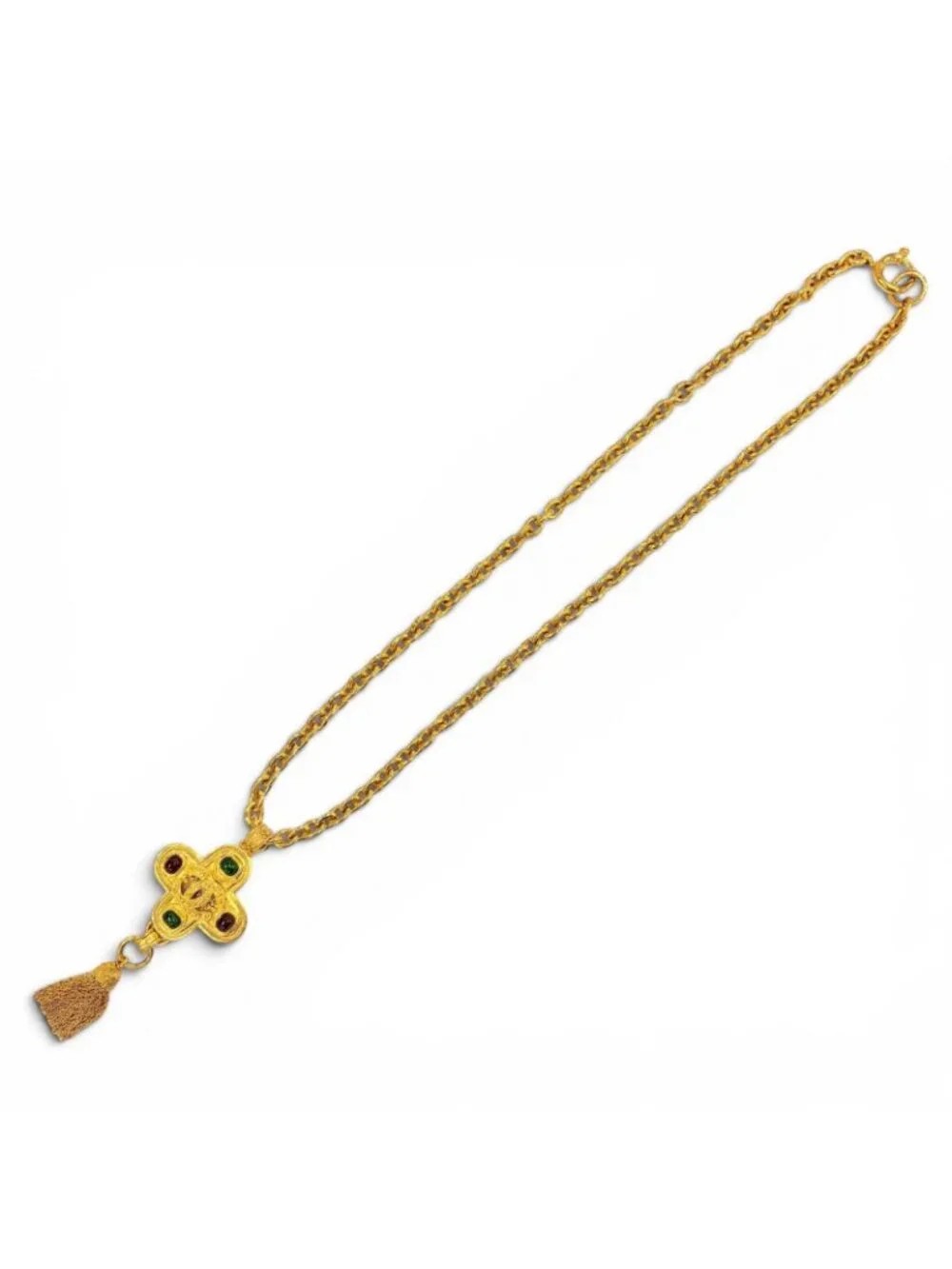 Chanel Vintage CC Logo Gripoix Cross Fringe Long Necklace Gold French
